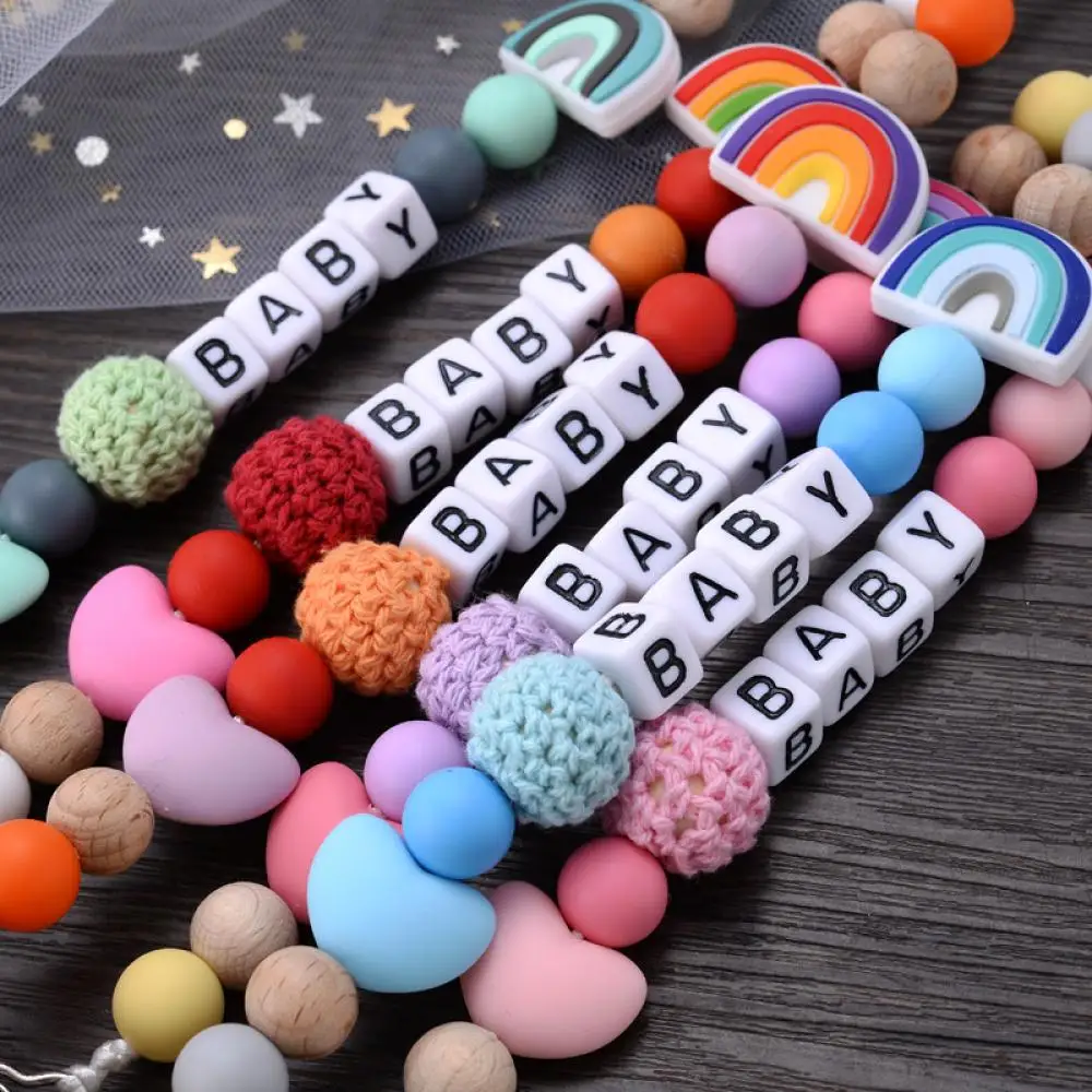 Personalize Name Pacifier Clips Holder Baby Silicone Rainbow Pacifier Holder Chain Baby Handmade Dummy Clips Teether Gift Custom 4