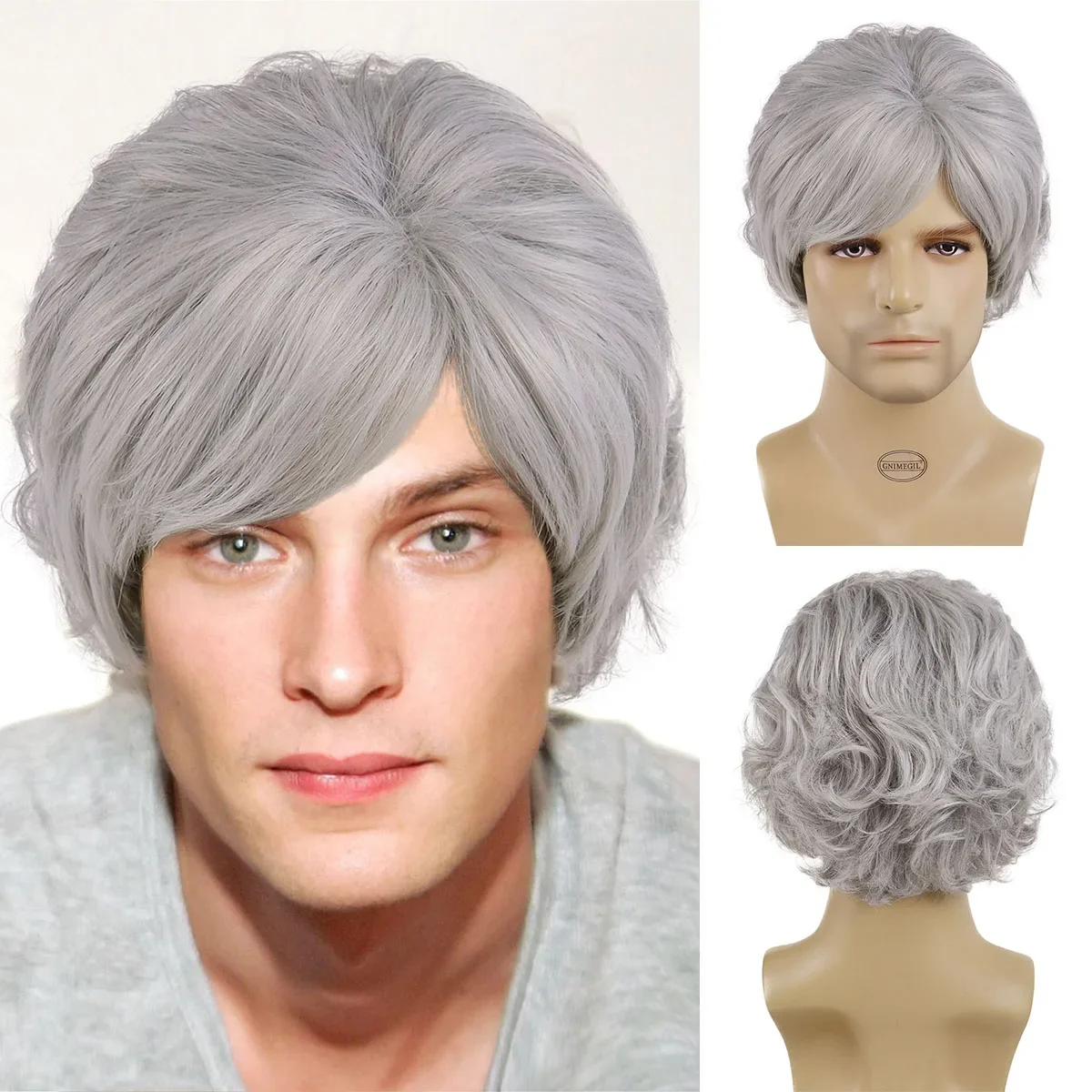 

GNIMEGIL Light Grey Men Wig Synthetic Short Hair Wig with Bangs Natural Curly Hairstyle Elderly Wig Male Cosplay Halloween Party