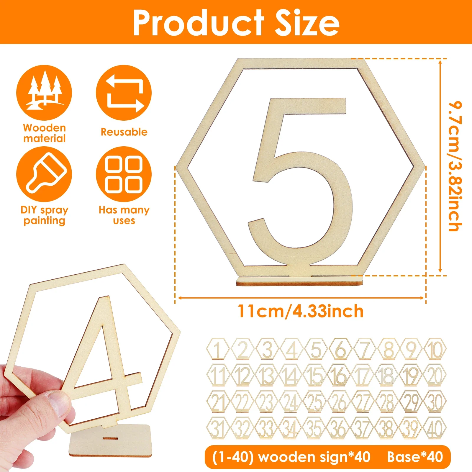 40Pcs Wooden Table Numbers with Holder Base 1 to 40 Wedding Table Numbers Hexagon Shape Table Numbers Reusable Tables Number