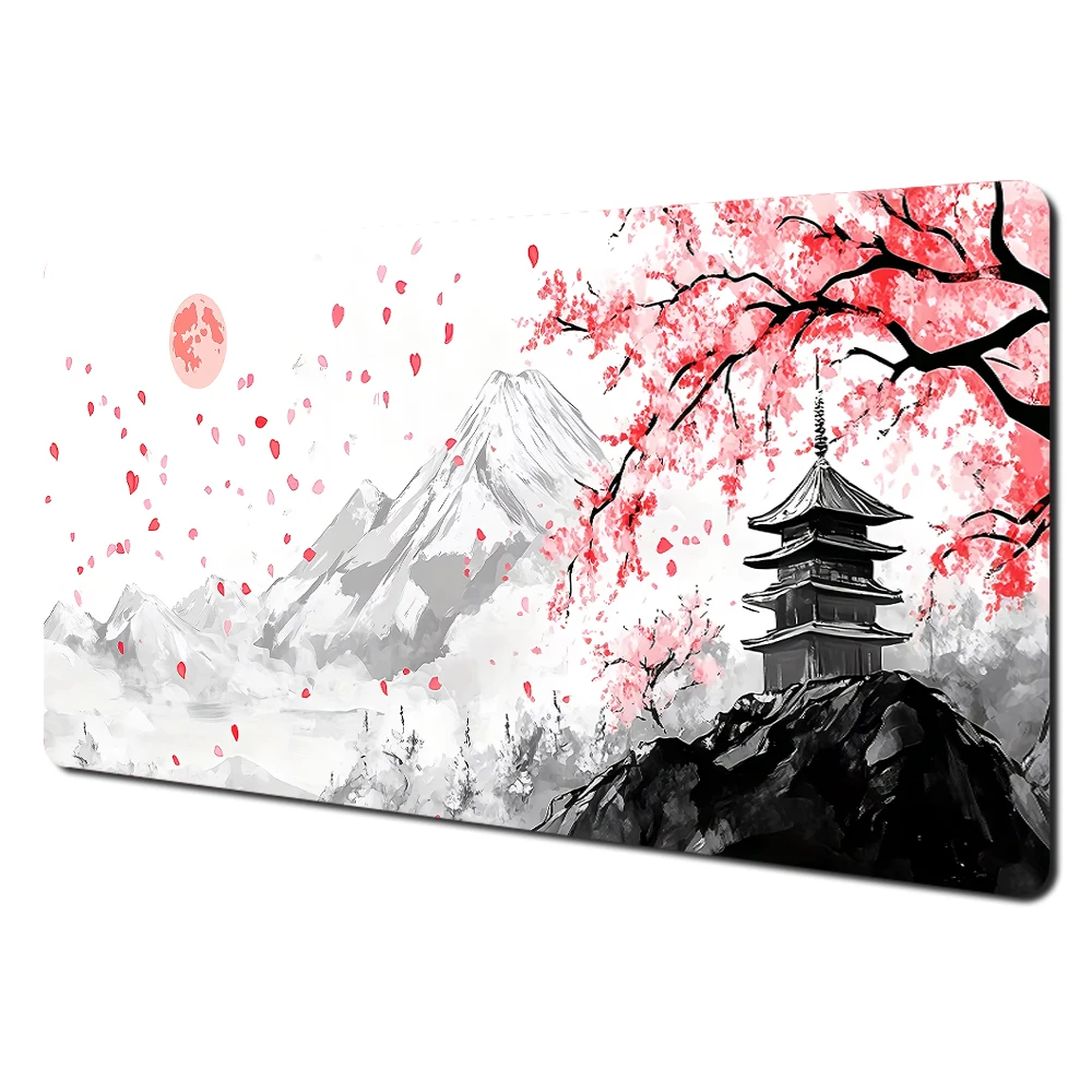 Mount Fuji Cherry Blossom Art Large Desk Mat - Stitched Edge Non-Slip Durable MousePad