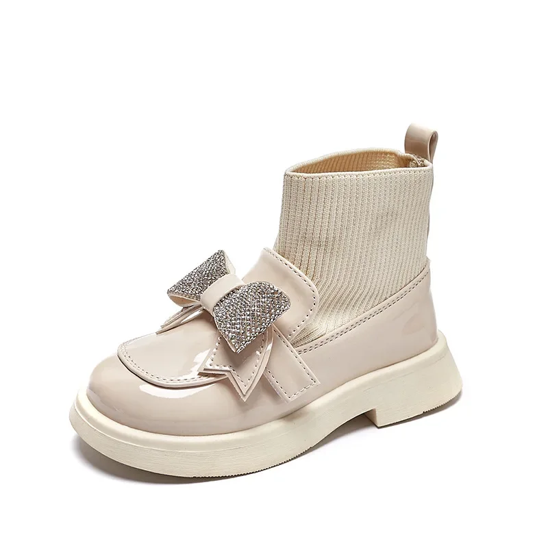 

Autumn Winter Children New Bow Princess Knitted Elastic Mid-calf Socks Boots Fashion Girls Glitter Shiny Ankle Boots