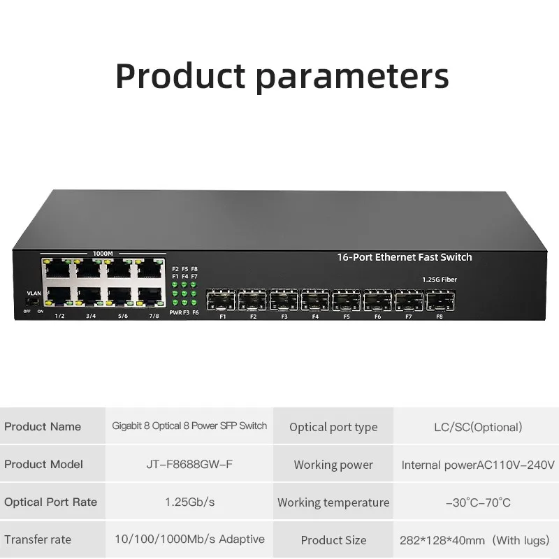 JT-COM Full Gigabit 8 SFP Port + 8 RJ45 Port SFP Fiber Switch Compatible with all Gigabit Optical Module Plug and Play