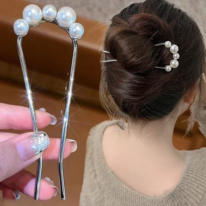 Korean U Shaped Pearl Hairpins Hair Clips hair accessories Pearl Elegant U Shaped Pearl Hair Pins: Korean Style Metal Hair  main image 3