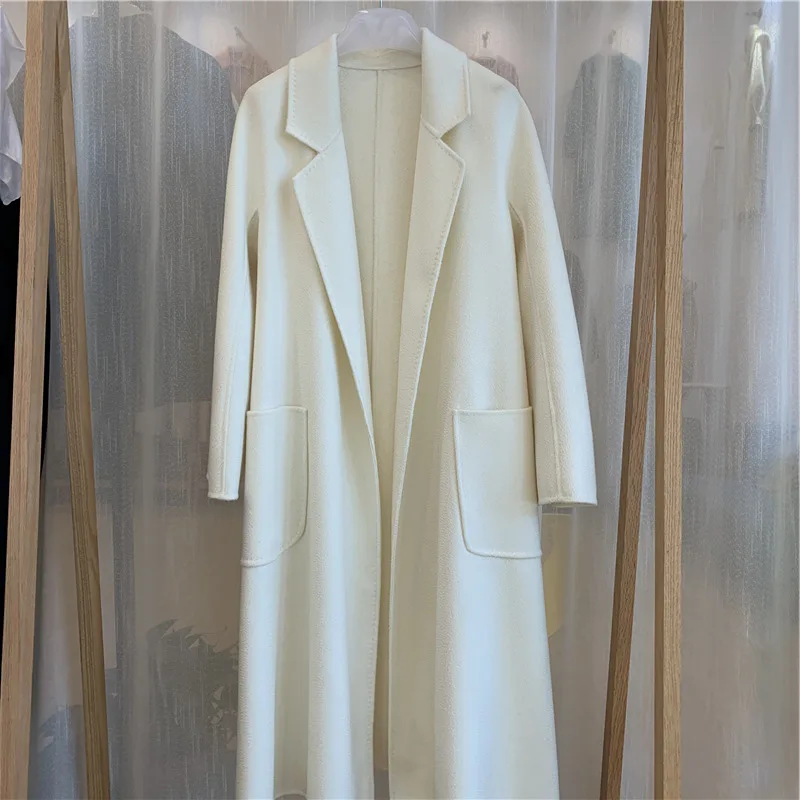 Rosevans Popular High End Water Ripple Doublesided Wool Coat Women Jacket Long Bathrobe Style