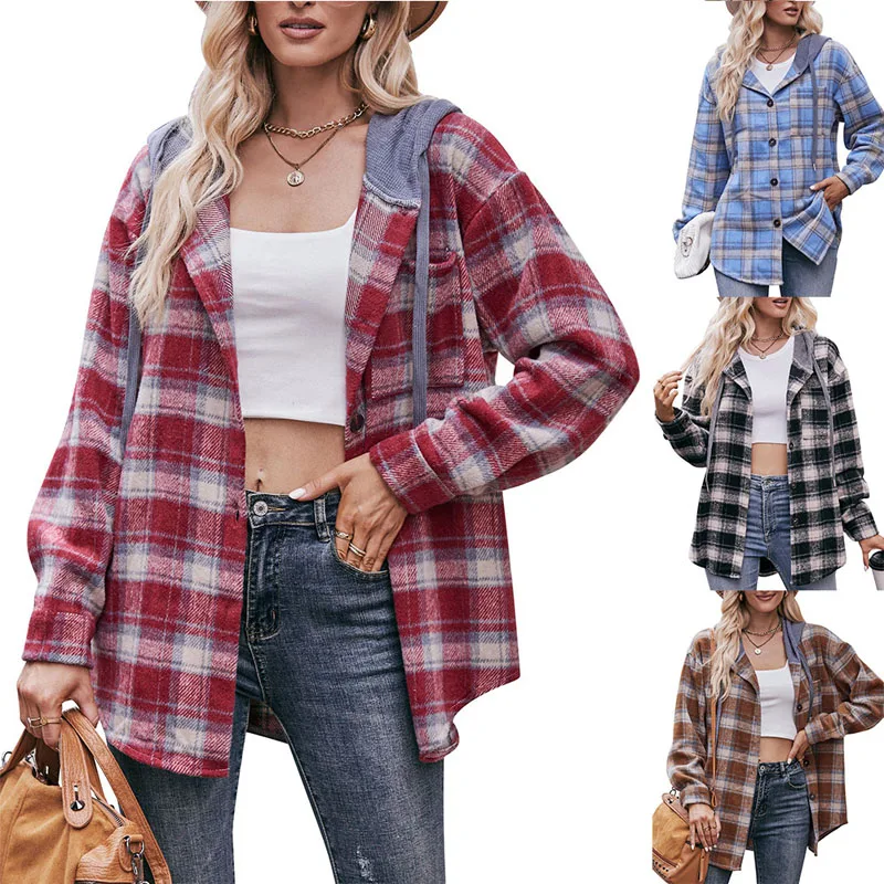 2023 New Autumn and Winter Trend Casual Simple Hooded Button Plaid Fashion Jacket Temperament Loose Commuting Women's Shirt