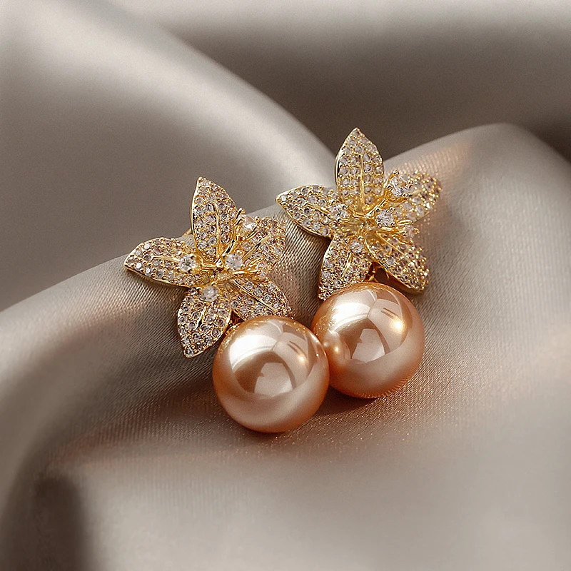 Earrings Rose Colored Costume Jewelry Rose Gold Pearl Flower