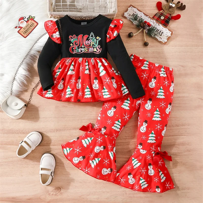 

Kids Girls Christmas Outfits Snowman Christmas Tree Print Crew Neck Long Sleeve Dress Tops Flare Pants 2Pcs Fall Clothes Set