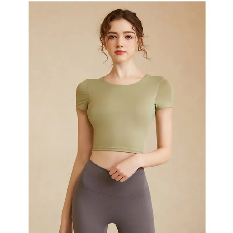 Women Breathable Gym Fitness Yoga Shirts Sport Crop Top Sexy Hollow Back Short Sleeve Slim Soft Training Workout Shirts With Pad