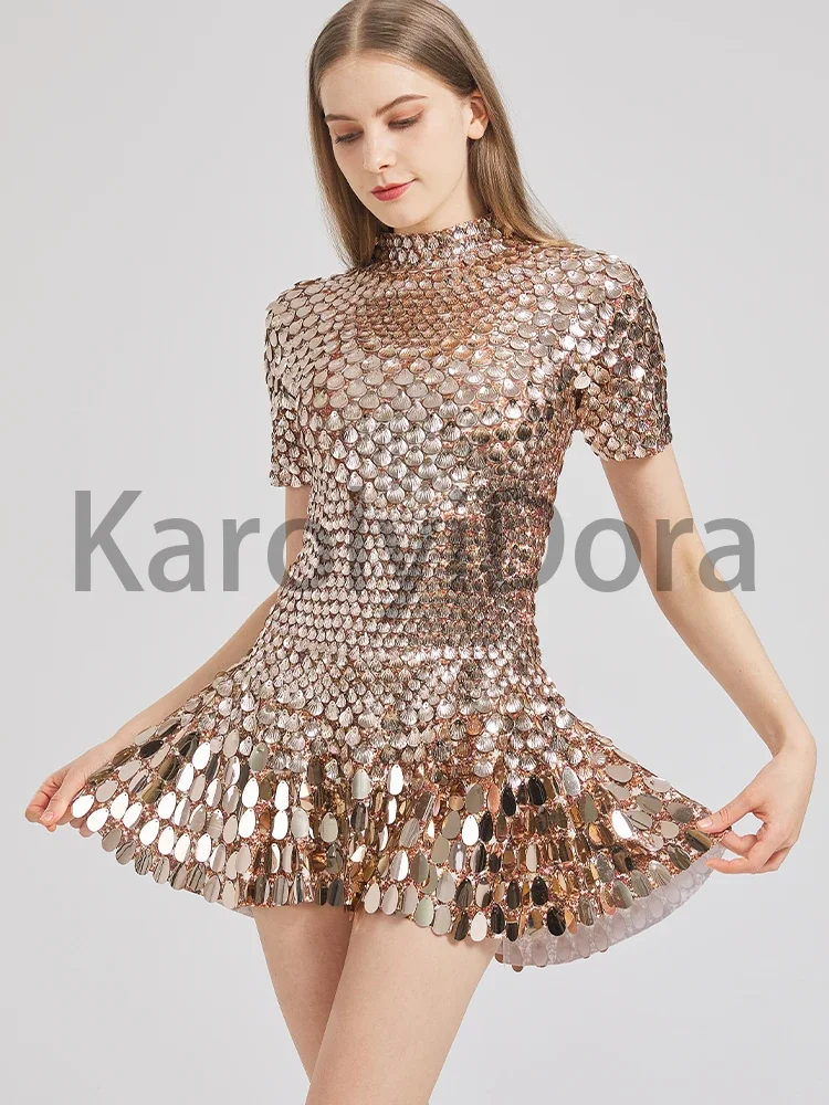 Sexy Khaki Shell Sequins Mini Dress Nightclub Dance High Quality Performance Clothing Bodysuit Birthday Red Luxury Dresses dance dress rhinestones dress sexy evening dress