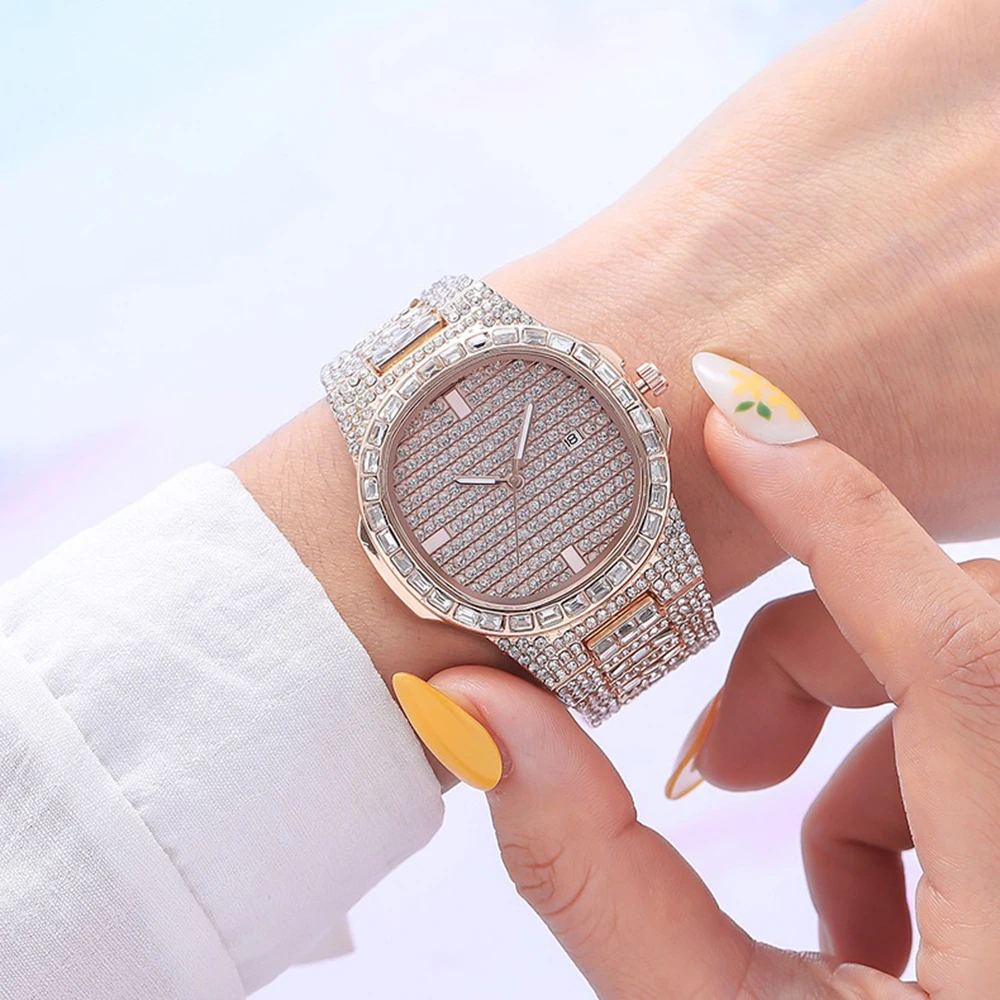 Fashion Luxury Watch Crystal Quartz Female Watch Steel Dress Watch  Zegarek Damski with Women Crystal Big Flower Ring Earrings