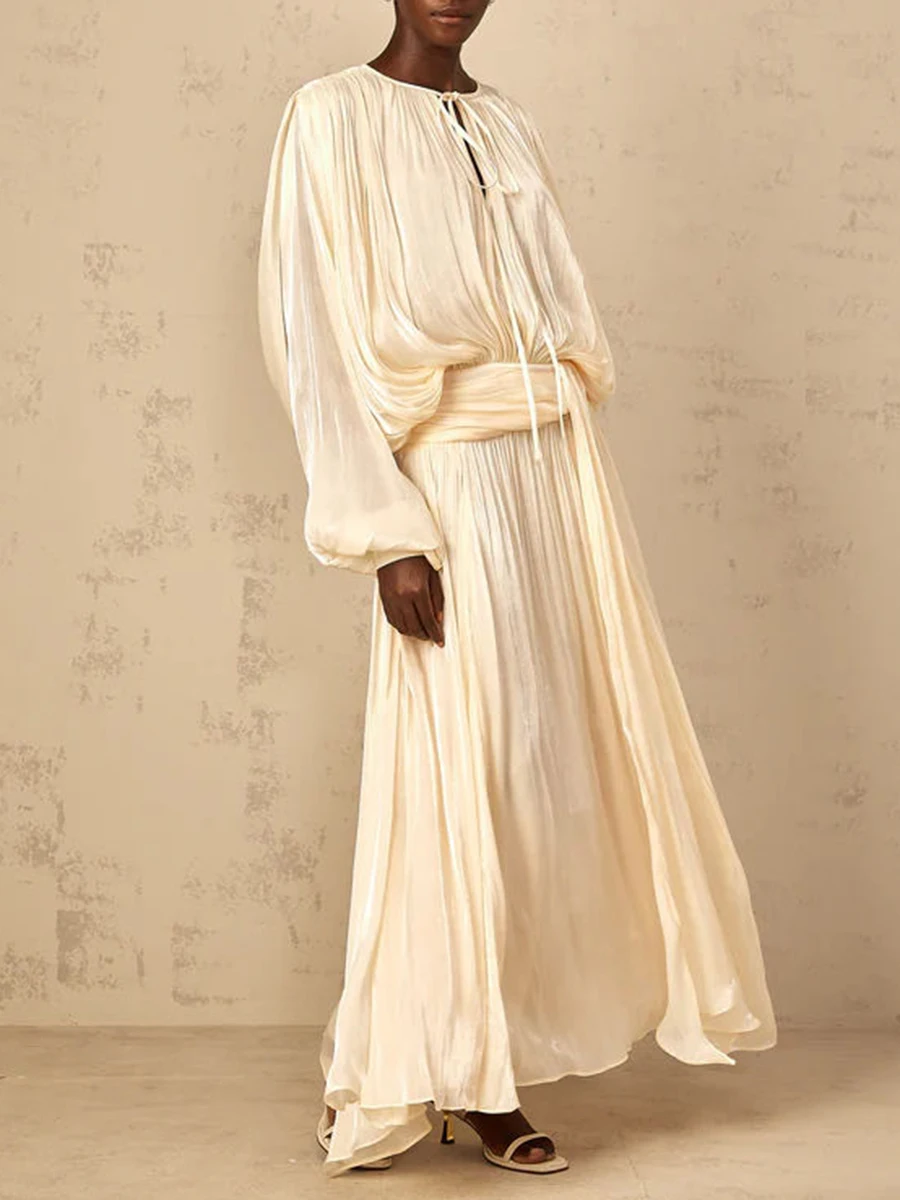 twotwinstyle solid loose spliced folds elegant dresses for women round neck long sleeves patchwork lace up dress female fashion TWOTWINSTYLE Solid Loose Spliced Folds Elegant Dresses for Women Round Neck Long Sleeves Patchwork Lace Up Dress Female Fashion 3