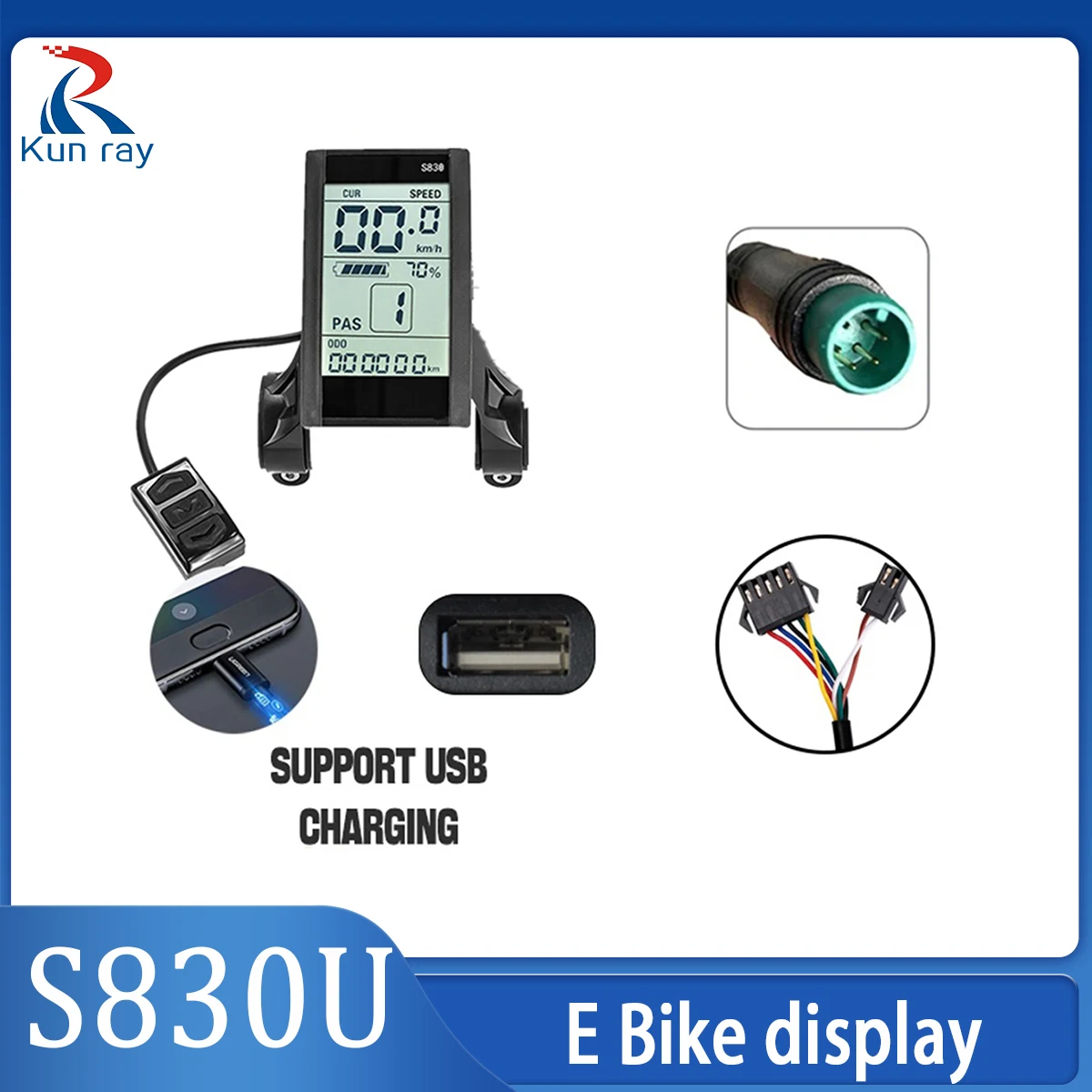 쿤레이 전기자전거 S830U 디스플레이 USB 충전 포트, 전동 스쿠터 방수 플러그 SM 커넥터 24V-48V 패널