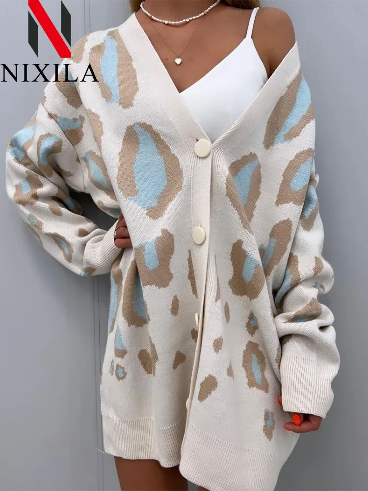 

New In Winter Leopard Print Cardigan Women V Neck Casual Loose Oversize Jacket Thick Warm Knitted Sweater for Women with Buttons