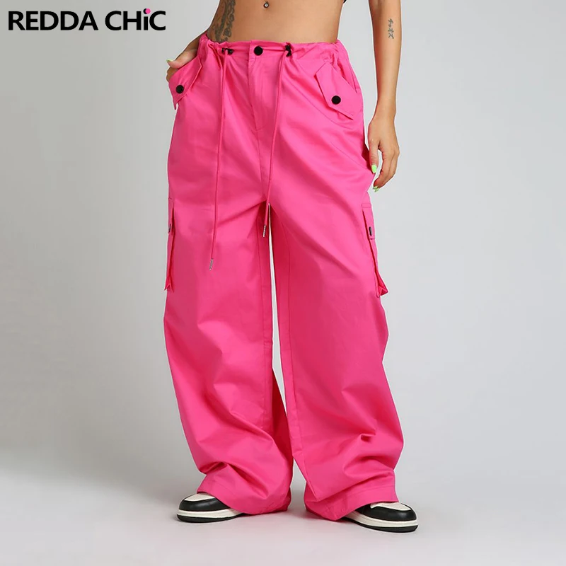

REDDACHiC Women Streetwear Parachute Cargo Pants Rosered Elastic Waist Oversize Pants Loose Casual Sweatpants Workout Overalls