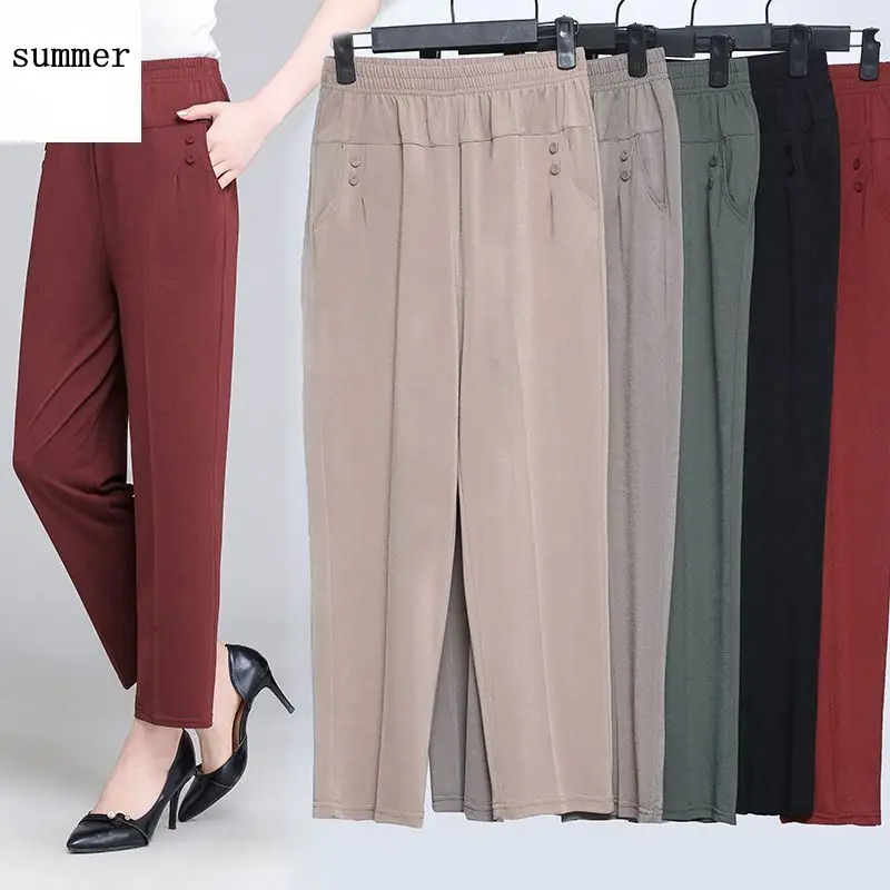 2022 Middle Aged and Old Women Spring Summer Pant Thin Elastic Waist Loose  Cotton Mother Long