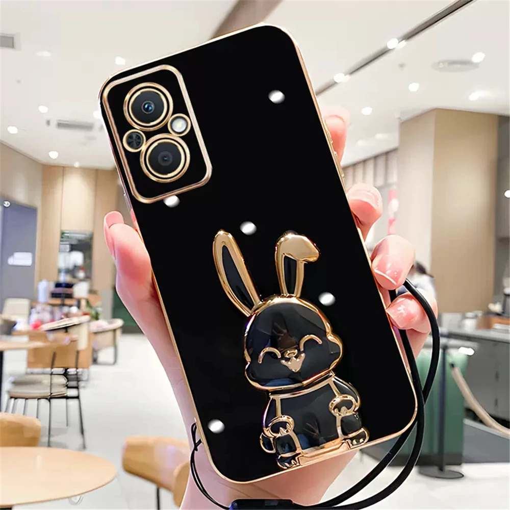 Plating Rabbit Holder Silicone Case For OPPO A74 A17 A16 A15 A55 A52 A53 A72 A54 A54S A9 A5 2020 Lanyard Wrist Strap Soft Cover_voghion.com