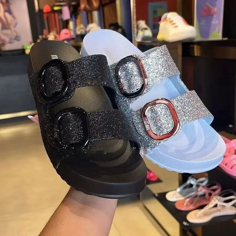 2024 New Melissa Women's Casual Jelly Shoes Thick Sole Wide Face Double Buckle Sequinized Sandals EVA Material China Origin