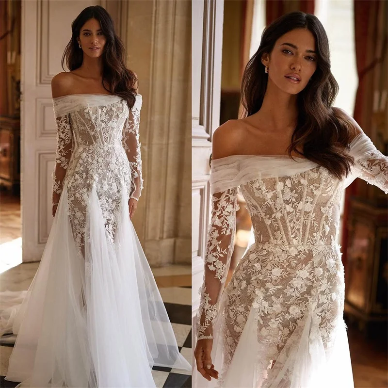 

Designer Mermaid Wedding Dress Full Sleeve Bateau Corset Bridal Gown Appliqued Lace Custom Made Sweep Train Robes De Mariée