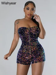 Wishyear Sequined Strapless Zipper Fly Straight Jumpsuit Women Sexy Party Club Birthday Evening One Piece Suit Romper Playsuit