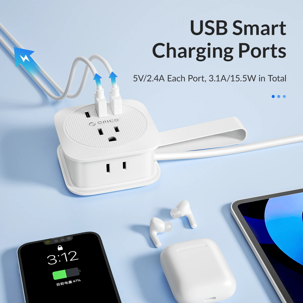 Compact Travel Power Strip with USB Ports