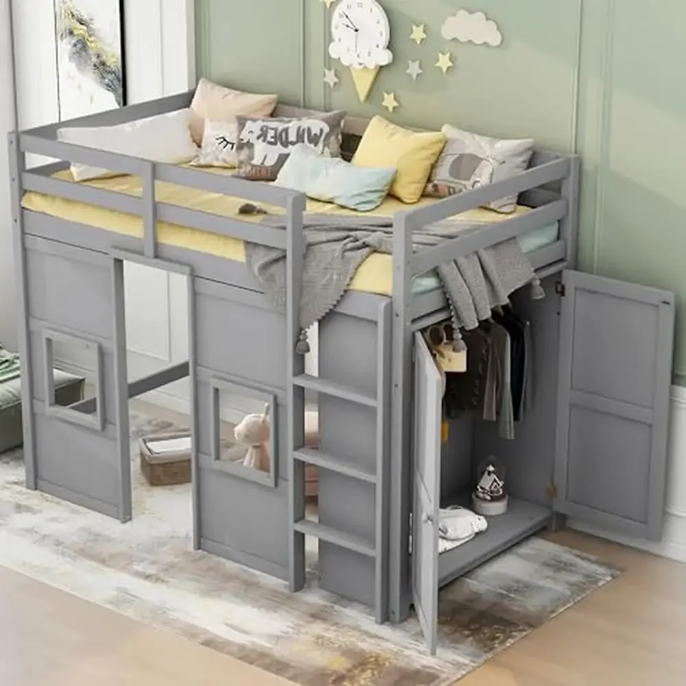 Twin Size Loft Bed with Wardrobe Storage & 2 Windows Solid Wood Frame Guardrail Modern Design High Load Capacity Easy Assembly 4