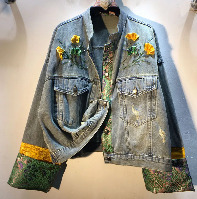 

Chinese Style Colorblock Satin Splicing Long Sleeve Denim Jacket Women New Spring Beading Flower Loose Outwear Casual Jean Coat