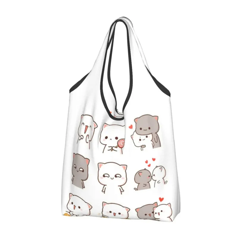 

Cute Peach And Goma Mochi Shopping Bag Foldable Grocery Tote Bags Large Capacity Cartoon Cat Recycling Bags Washable Handbag