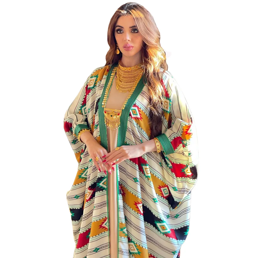 

Muslim Open Abaya Muslim Clothing Colorful Stripe Bat Sleeve Coat Two-piece Dresses Arabic Gown for Women Middle East Jalabia