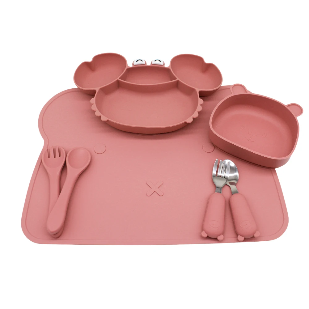 Baby Dinner Plate Compartment Plate Suction Cup with Bear Placemat Bear Bowl Children's Supplementary Tableware 6