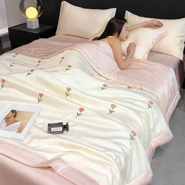 High-end Embroidered Spring Summer Quilt 4 Pcs Set or 3 Pcs Set or 1 Pcs Luxury Skin- Friendly Summer Blanket Lightweight Duvet 2