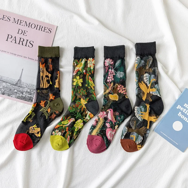 Women Ladies Summer Thin Breathable Flowers Birds Art Cat Animal Print Harajuku Long Cotton Transparent Crystal Glass Silk Socks