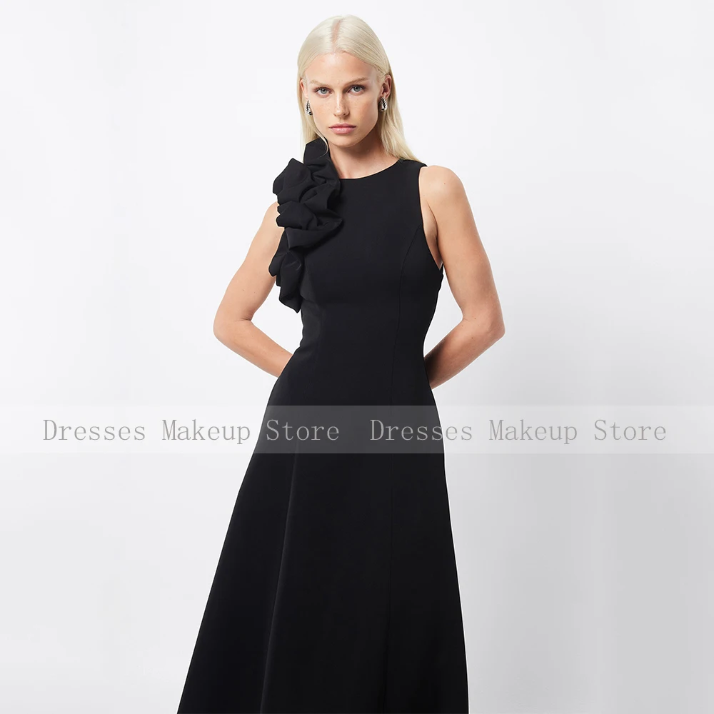 Black Prom Dress Maxi Ruffle O Neck A Line Ankle Length Simple Party Gowns for Women Sleeveless Pockets Evening Dresses