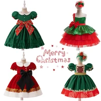 Christmas Dresses Girl Cartoon Print Princess Dress Children Red and Green Sequined Mesh Puff BalL Gown Carnival Clothes