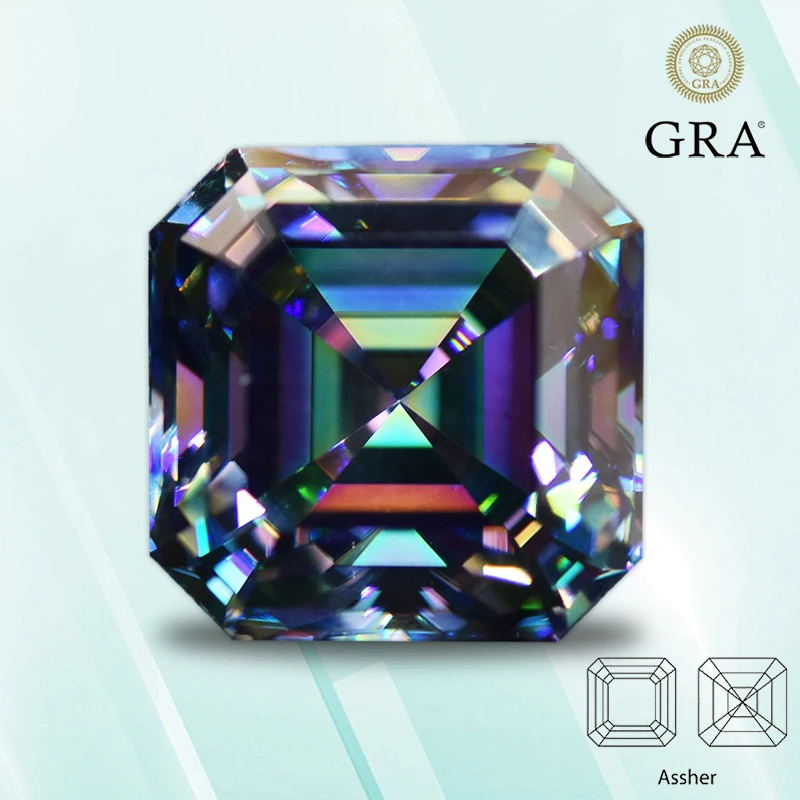 

Moissanite Stone Asscher Cut Rainbow Green Color Top Quality with GRA Certificate for Charms Jewelry Making Bracelcet Materials