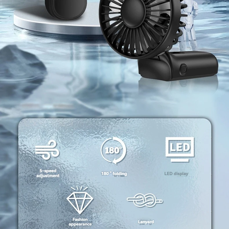 5 speed Adjustable Portable Neck Hanging Fan Removable 2400mah Battery Strong Wind Handheld Fan 180 &deg; Fold LED Light Displaying