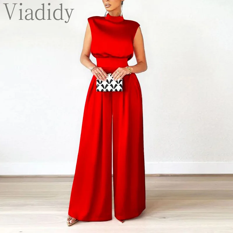 

Women Elegant Sleeveless Solid Color High Waist Satin Wide Leg Jumpsuit