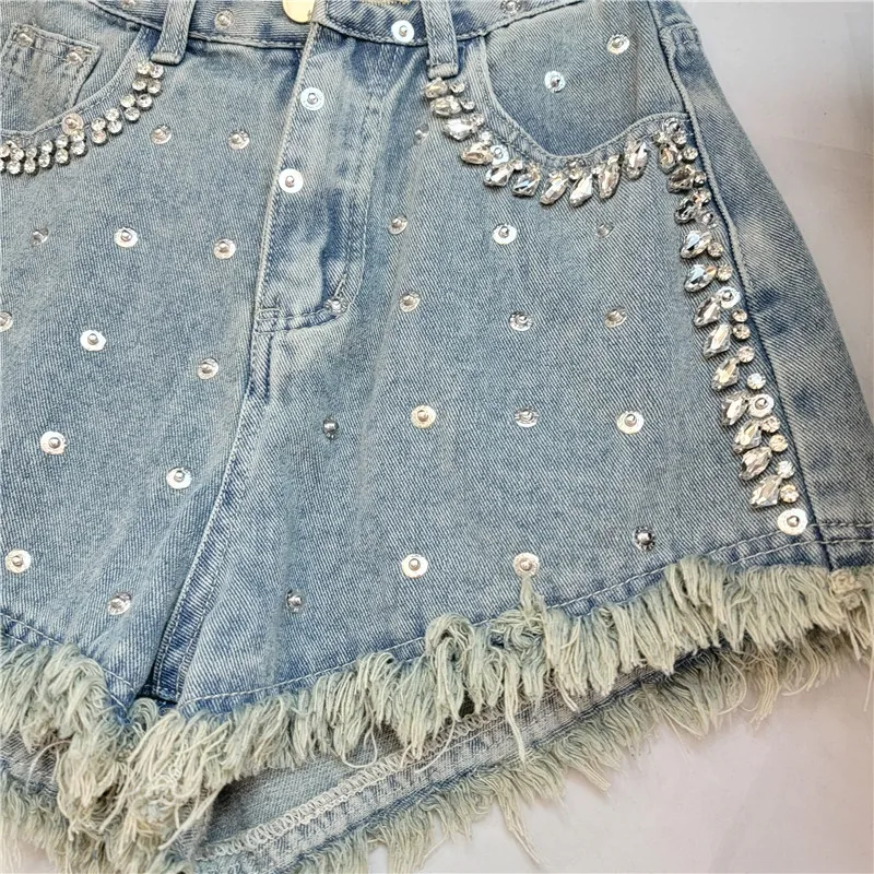 Exquisite Rhinestone Raw Edge Denim Shorts for Women 2024 Summer New High Waist Slimming A- Line Wide-Leg Hot Pants Booty Shorts