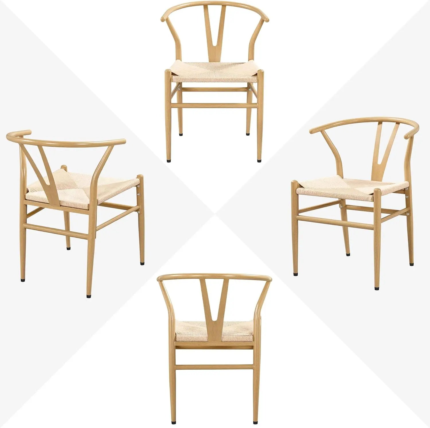 Set of 4 Weave Chair Mid-Century Metal Dining Chair Y-Shaped Backrest Hemp Seat Wood Color Modern Style