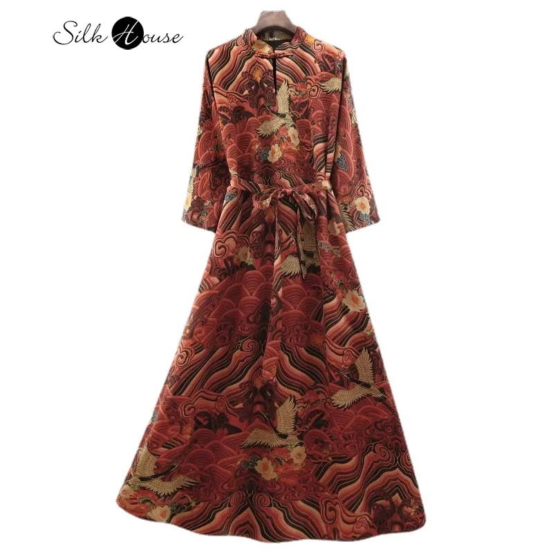 

High Quality Printing 60MM Natural Mulberry Silk Long Sleeved Heavy Satin Fragrant Cloud Gauze Large Robe Stand Up Collar Dress