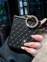 Rhombus Grid Pattern Leather Phone Case with Faux Diamond Ring Buckle Hard Cover - Motorola Razr 70 (Black)