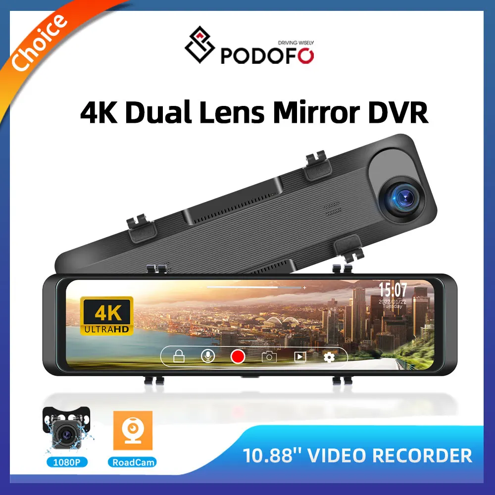 

Автомобильный видеорегистратор Podofo, 4K, Wi-Fi, GPS, зеркало заднего вида, 1080P