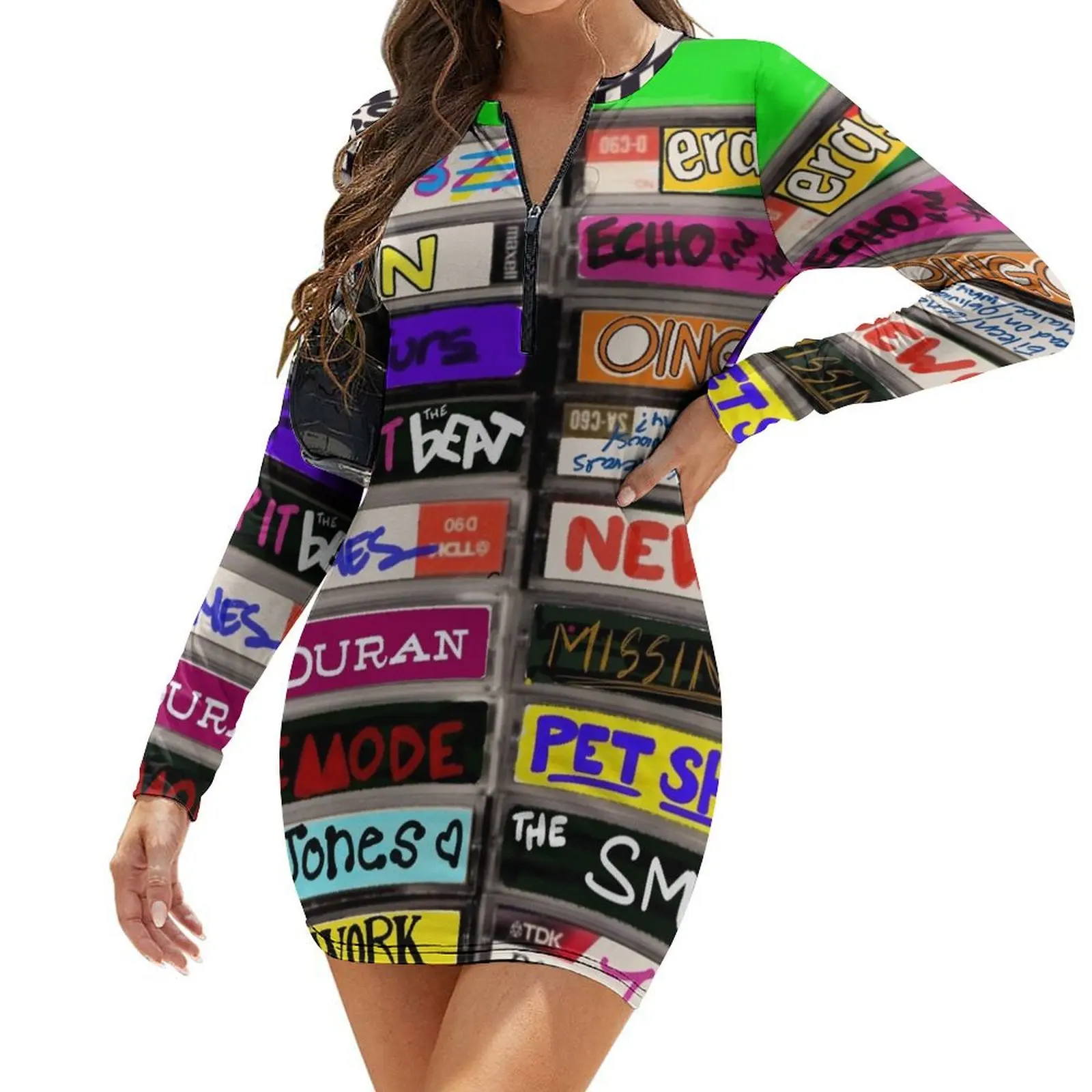 

Mix tape Long-Sleeve Bodycon Dress Elegant gowns cute dress