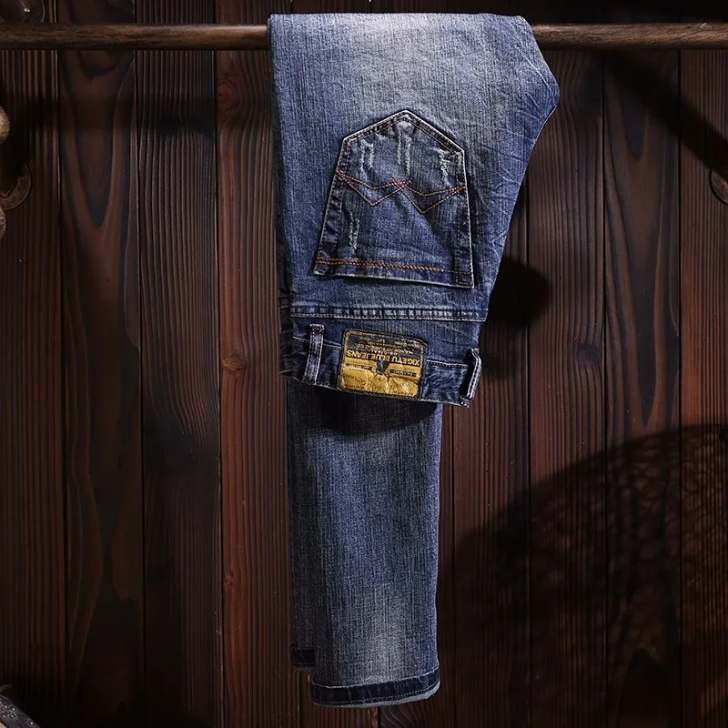 Italian Style Fashion Men Jeans High Quality Retro Blue Slim Fit Ripped Jeans Men Trousers Vintage Designer Denim Pants Hombre