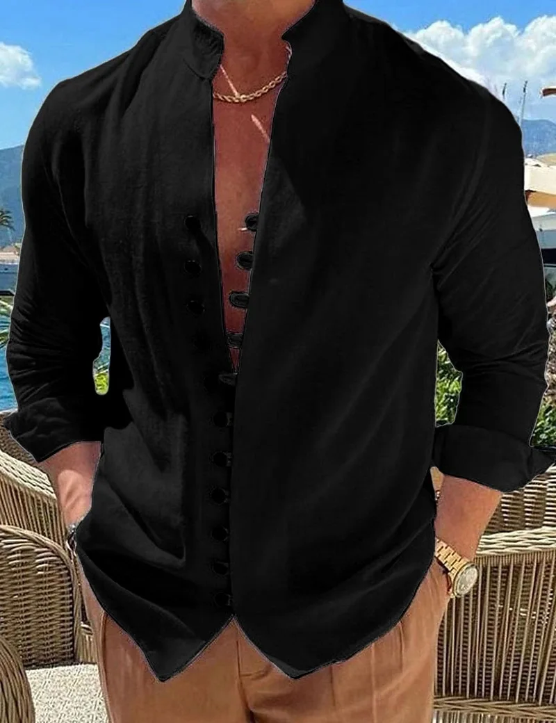 New Men's Vintage Casual Shirts Cotton Linen Long Sleeve Street Wear Lapel Button Solid Color Shirt For Men Vacation Blouse Top