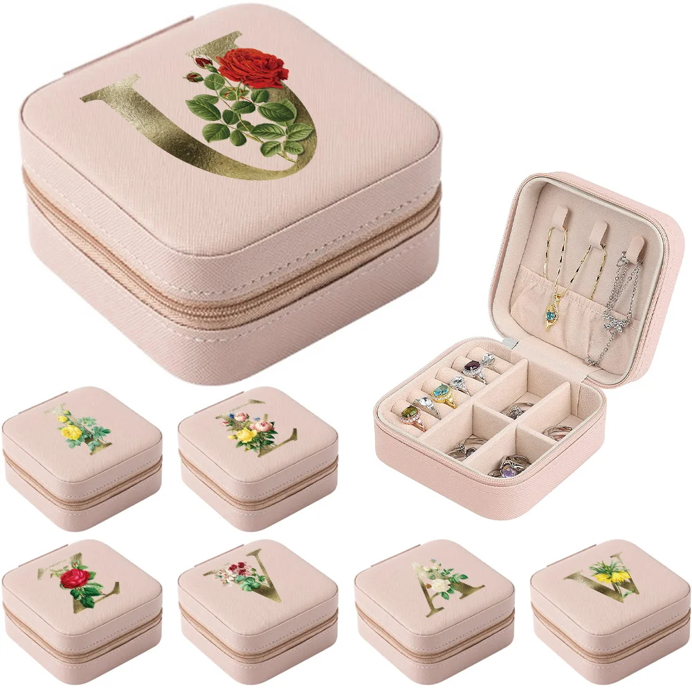 

Portable Jewelry Box Jewelry Organizer Display Travel Jewelry Case Boxes Display Holder Golden Flower Leather Storage Jewelers