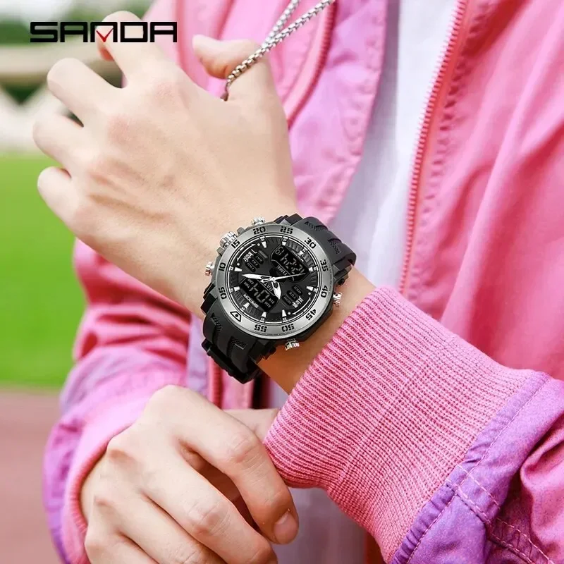 SANDA 6029 Military LED Dual Display Watch for Men Sport Large Dial Waterproof Quartz Digital Wristwatch Mens Reloj Para Hombre