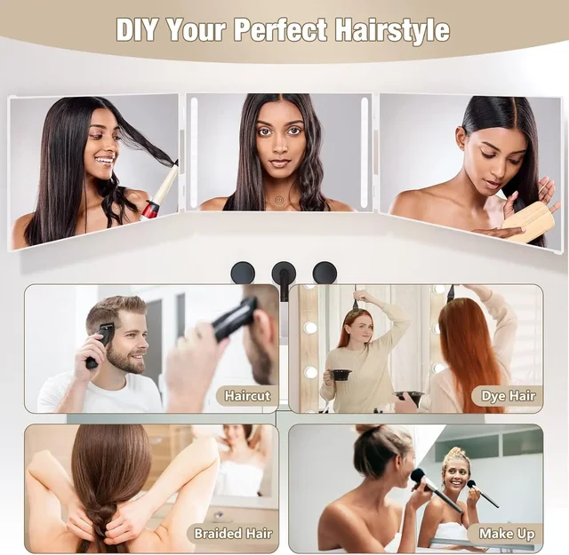 Lumières LED Miroir 3 voies pour une coupe de cheveux automatique rechargeable 360 °   Miroir avec miroir auto-coupe de cheveux avec crochets réglables en hauteur 6