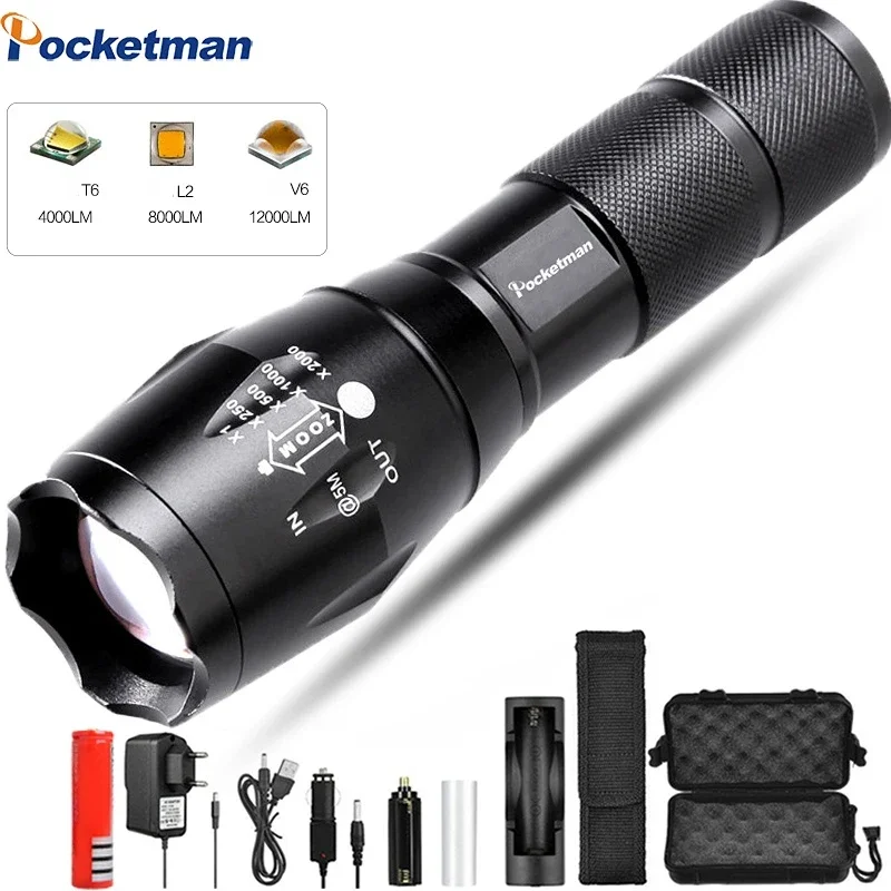 

Powerful L2/T6 LED Flashlight Aluminum Alloy Flashlights Zoom Torch Outdoor Waterproof Flashlight for Camping Hiking Fishing