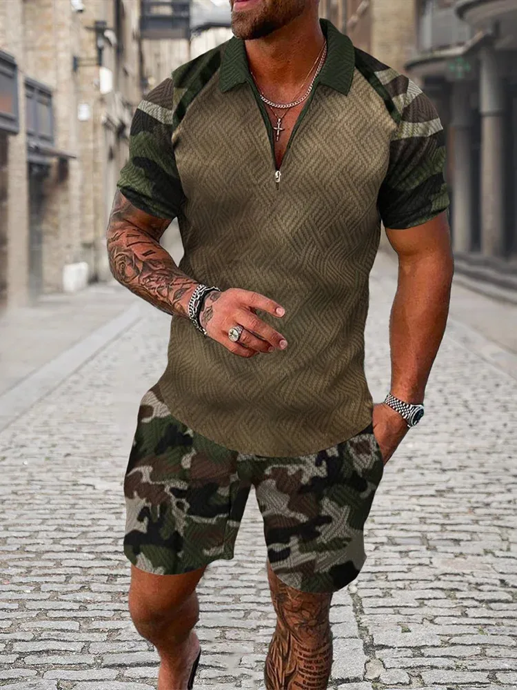 Summer Luxury Pattern 3D Print Men's Tracksuit Set Casual Zipper Polo Shirt And Shorts 2pcs Sets Fashion Streetwear Man Cloth 2