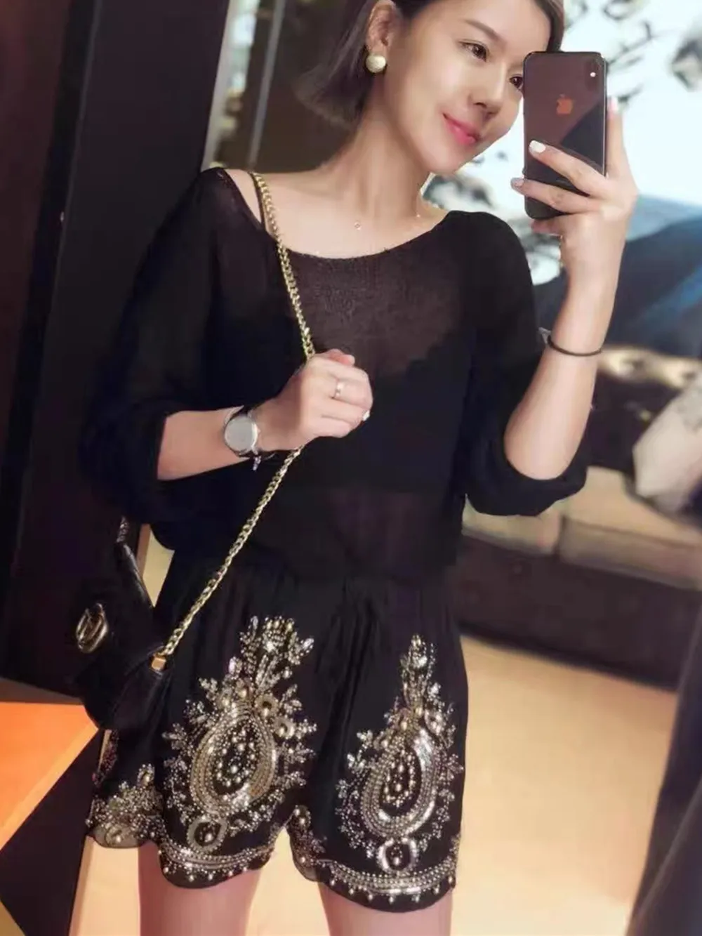 Sidaimi Women Summer Chiffon Shorts Floral Beading Wide Leg Shorts Sequined Bling Vocation Shorts Capris Female